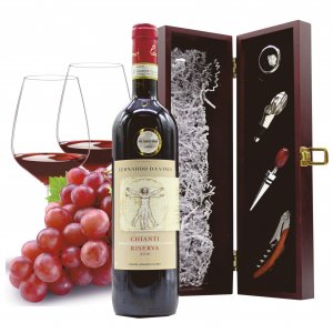 Weinkiste Elegance mit Sommelier Set und Rotwein Flasche Leonardo da Vinci Chianti 0,75l