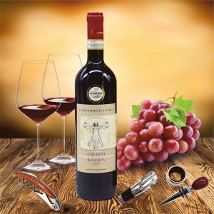 Weinkiste Elegance mit Sommelier Set und Rotwein Flasche Leonardo da Vinci Chianti 0,75l